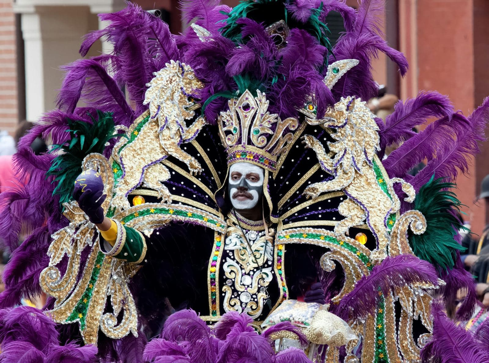 Costumed Mardi Gras king in full regalia at a New Orleans parade